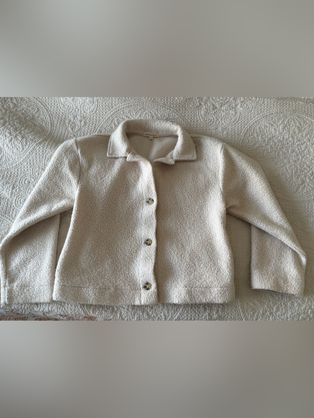 Mododoc Cream Teddy Button-Front Jacket with Classic Collar